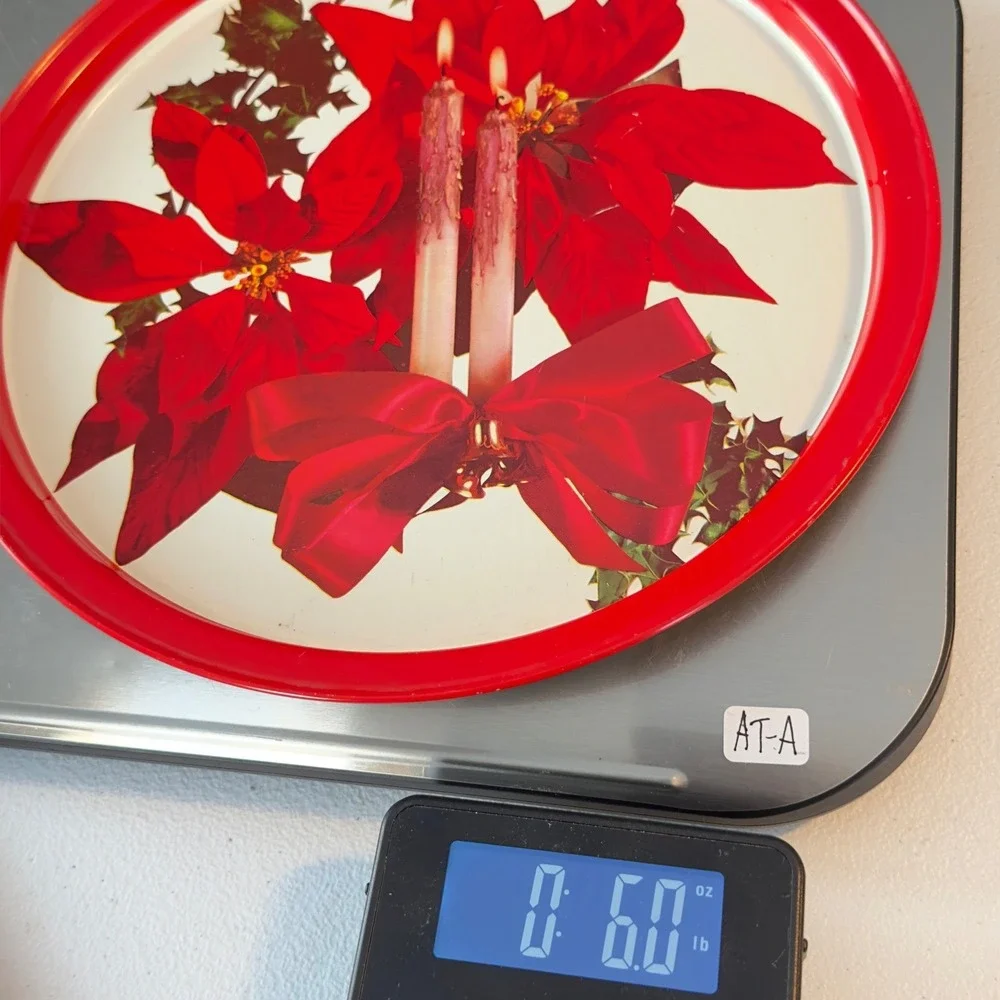 Vintage Christmas Poinsettia Round Metal Tin Serving Tray Red‎ Rim Holiday 11